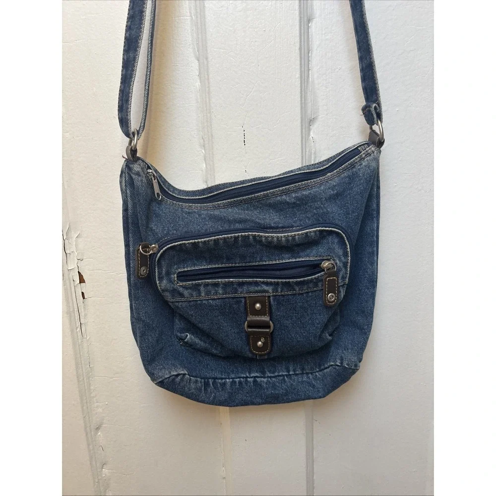 Vintage 80S Style Hippie Blue Denim Distressed Purse With Pockets 9 X 11